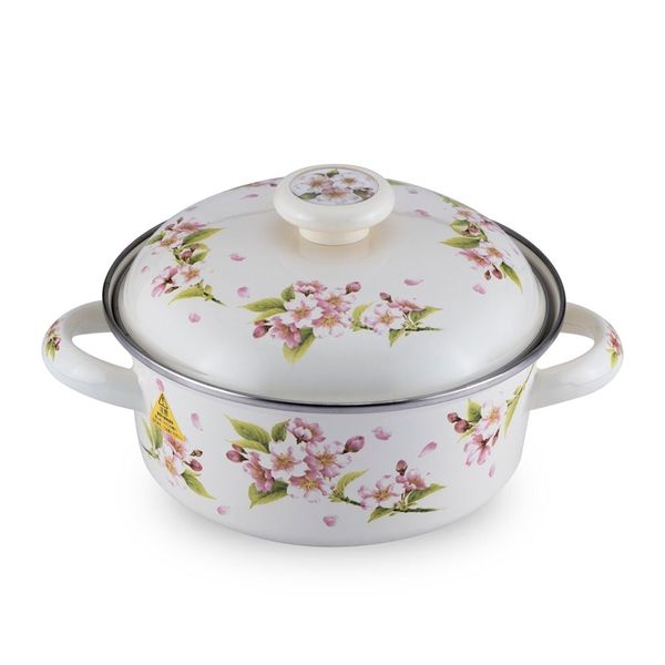 Nồi tráng men Fujihoro SYM-12, hoa văn đào hồng, nắp men, 1.8L