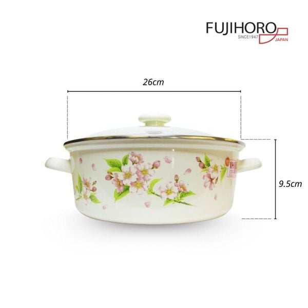 Nồi tráng men Fujihoro SYM-32G, hoa văn đào hồng, nắp kính, 4L