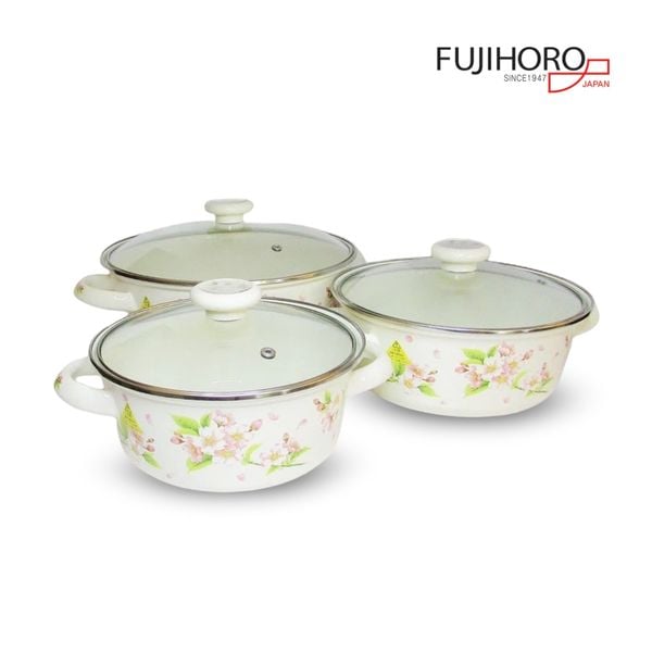 Bộ 3 nồi tráng men Fujihoro SYM-332G, hoa văn đào hồng, nắp kính