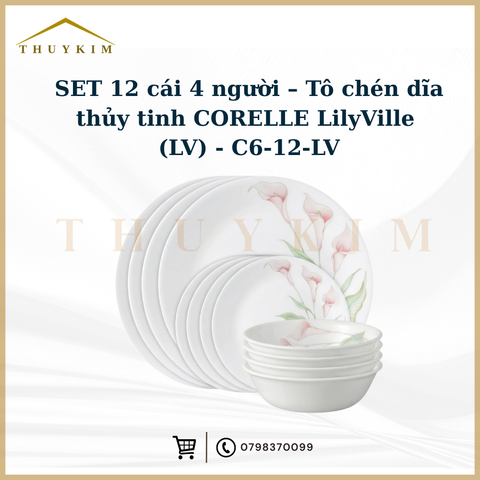 SET 12 cái 4 người – Tô chén dĩa thủy tinh CORELLE LilyVille (LV) - C6-12-LV