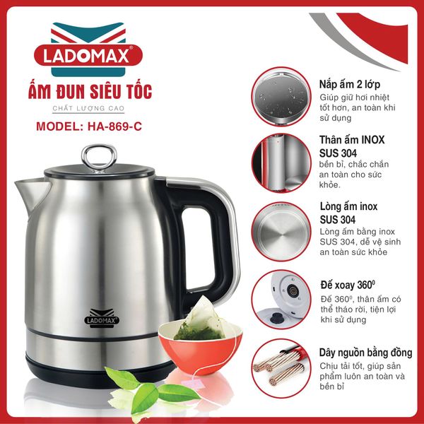 Ấm đun siêu tốc 1.8L Ladomax HA-869-Cơ