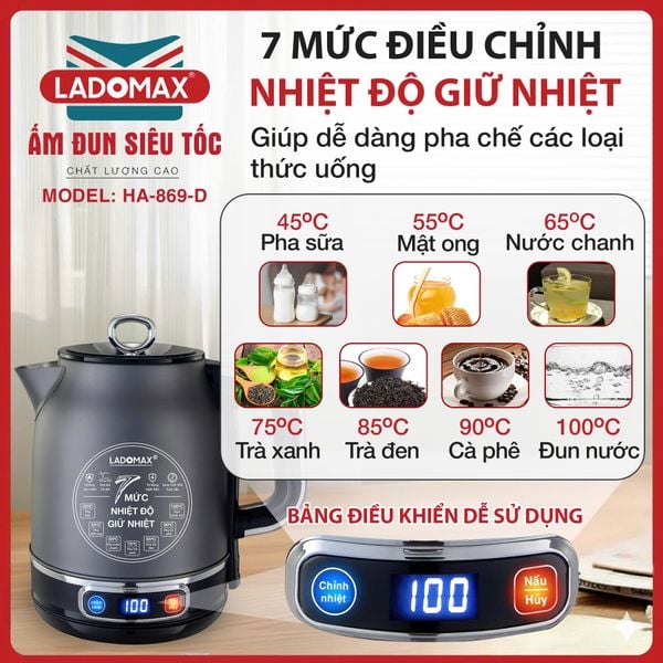 Ấm đun siêu tốc 1.8L Ladomax HA-869-Điện tử