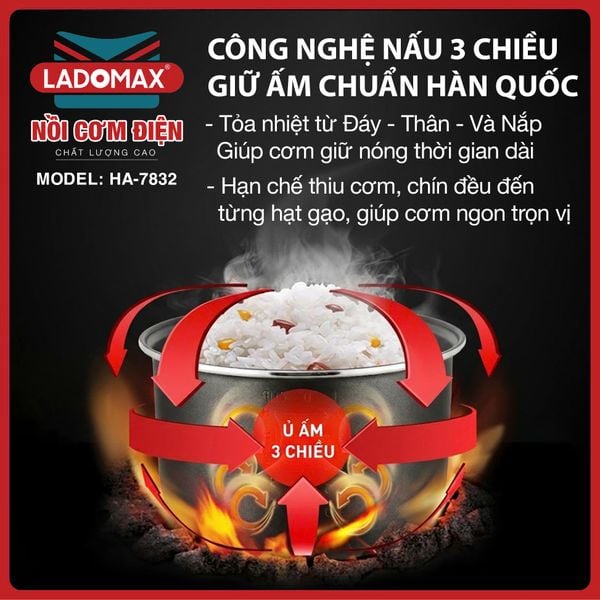 Nồi cơm điện nắp gài 3.2L Ladomax HA-7832 - công nghệ giữ ấm 3 chiều