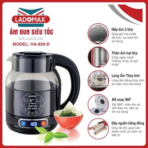 Ấm đun siêu tốc thủy tinh 2 lớp LADOMAX HA-829-Điện tử