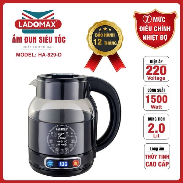 Ấm đun siêu tốc thủy tinh 2 lớp LADOMAX HA-829-Điện tử