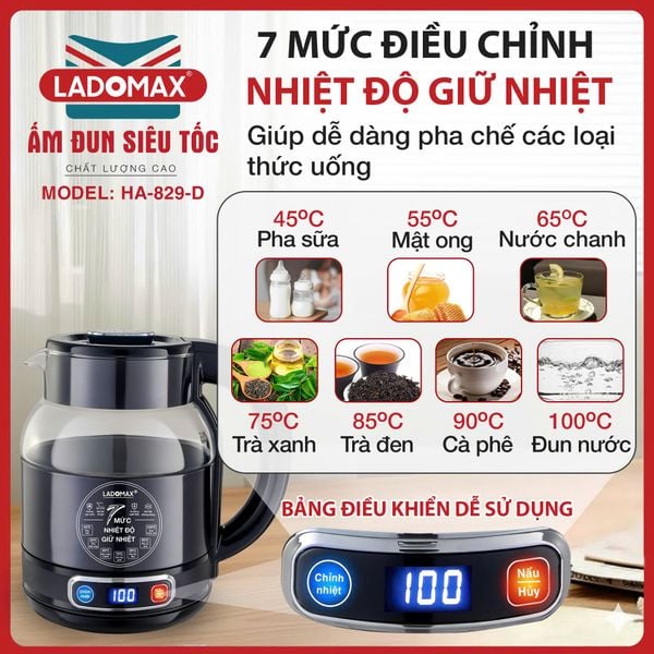 Ấm đun siêu tốc thủy tinh 2 lớp LADOMAX HA-829-Điện tử