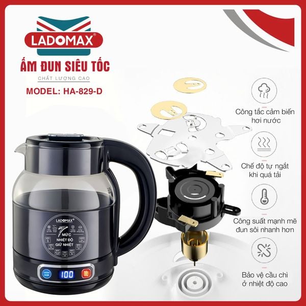 Ấm đun siêu tốc thủy tinh 2 lớp LADOMAX HA-829-Điện tử