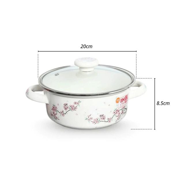 Nồi tráng men Fujihoro SKW-12G, nắp kính, hoa văn đào tím, 20cm/1.8L