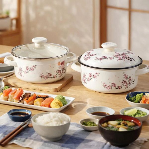 Nồi tráng men Fujihoro SKW-12G, nắp kính, hoa văn đào tím, 20cm/1.8L