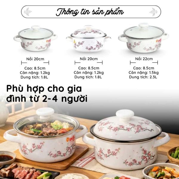 Nồi tráng men Fujihoro SKW-12G, nắp kính, hoa văn đào tím, 20cm/1.8L