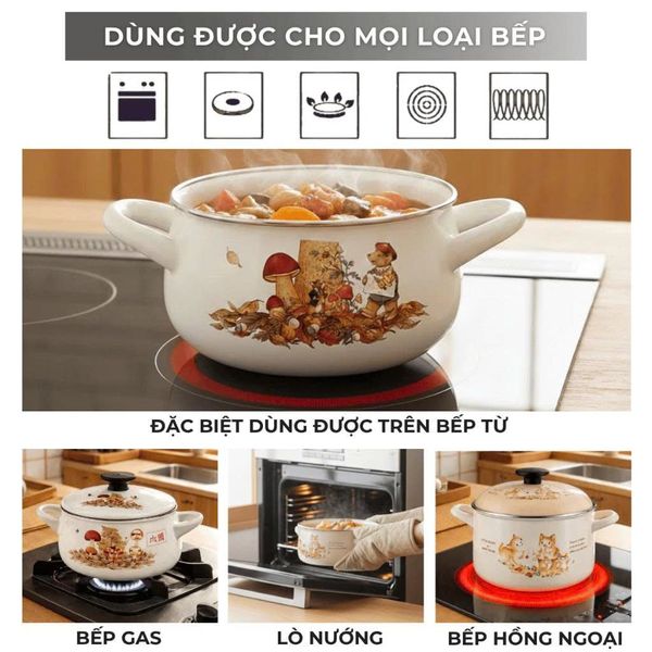 Nồi tráng men Fujihoro SKW-12G, nắp kính, hoa văn đào tím, 20cm/1.8L