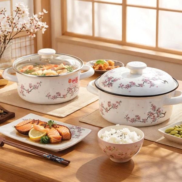 Nồi tráng men Fujihoro SKW-12G, nắp kính, hoa văn đào tím, 20cm/1.8L