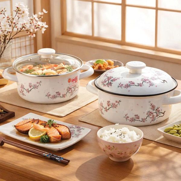 Nồi tráng men Fujihoro SKW-22G, hoa văn đào tím, nắp kính, 22cm/2.3L