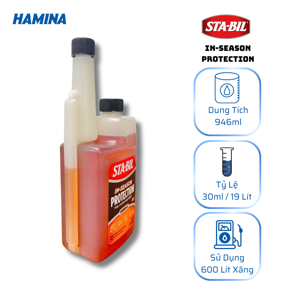  STA-BIL In-Season Protection 946ml - Phụ Gia Xăng E10 - Ổn Định Và Tiết Kiệm Nhiên Liệu - Làm Sạch Kim Phun Và Bảo Vệ Động Cơ 