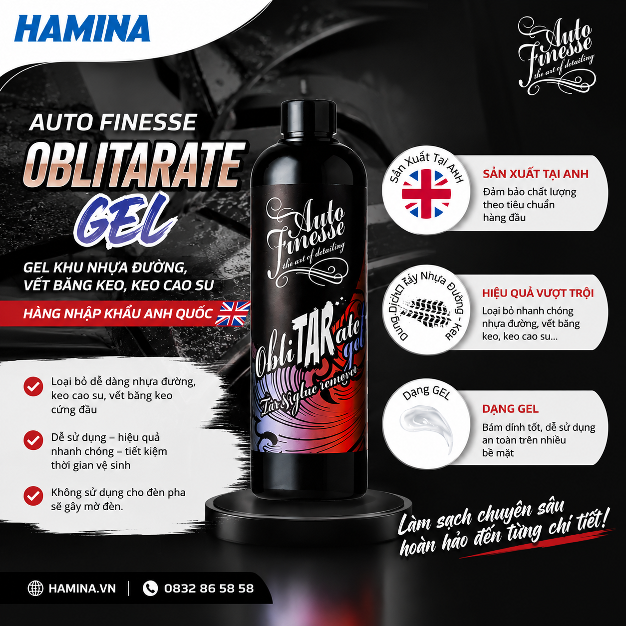  [Hàng Nhập Khẩu Anh] OBLITARATE GEL - Chai Khử Nhựa Đường, Vết Băng Keo, Kẹo Cao Su Dạng Gel - Hãng Auto Finesse 