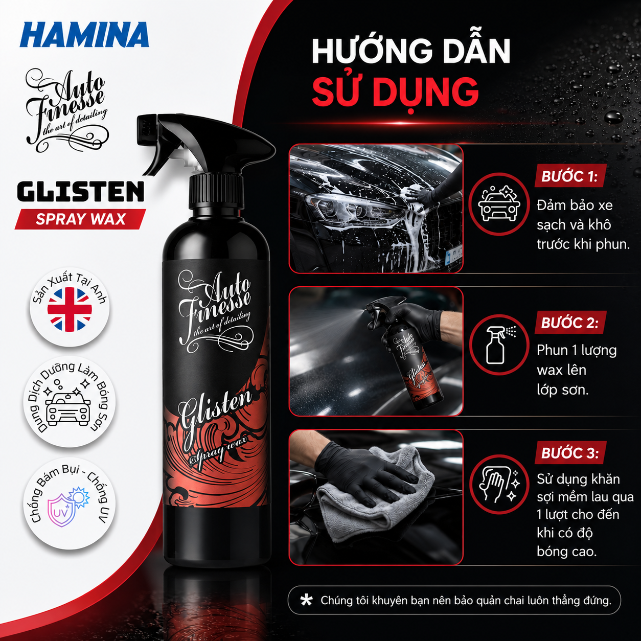  [Hàng Nhập Khẩu Anh] GLISTEN - Dung Dịch Dưỡng Làm Bóng Sơn, Có Độ Trong Cao & Chống Bám Bụi, Ngăn Tác Hại Của Tia UV 