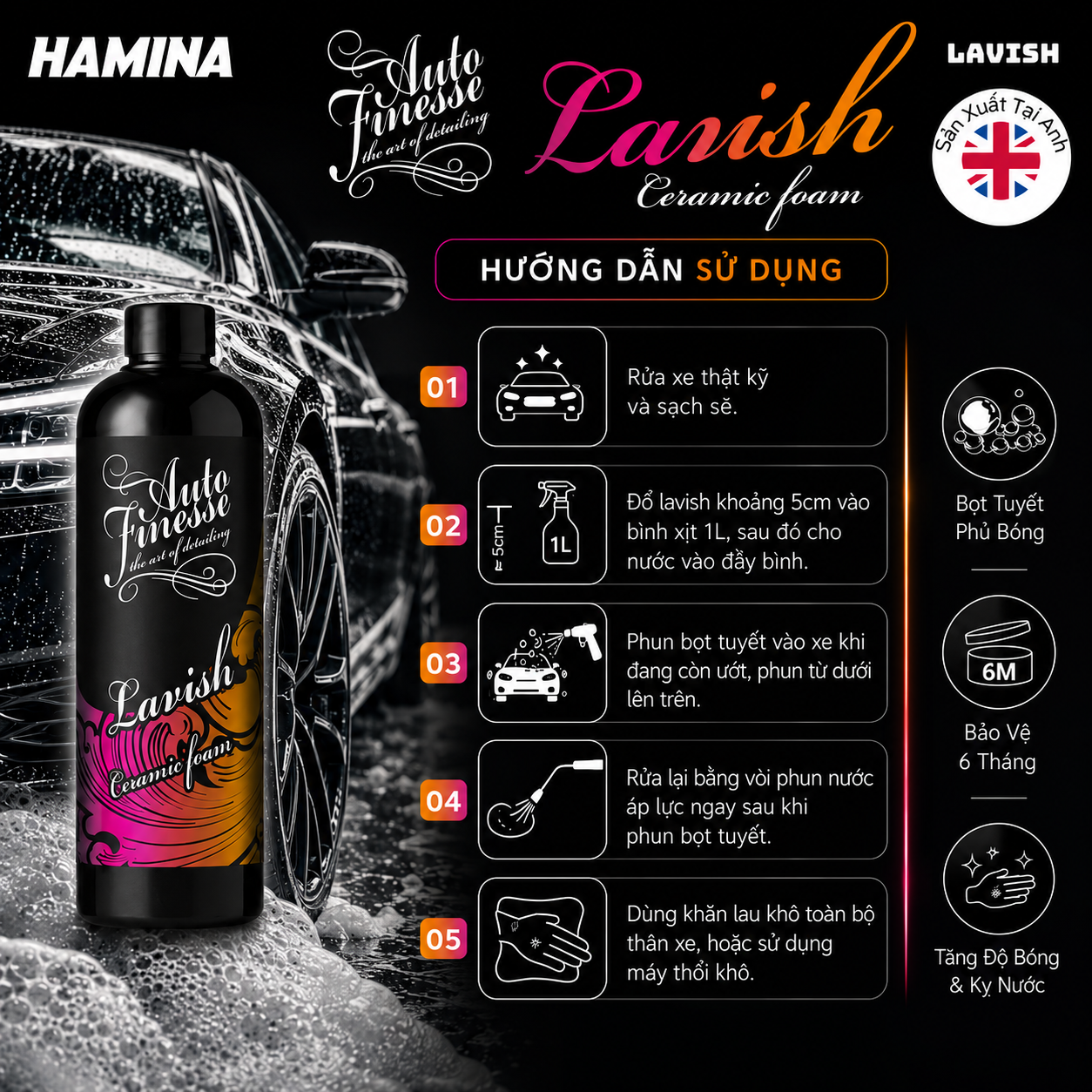  [Hàng Nhập Khẩu Anh] LAVISH - Bọt Tuyết Tăng Độ Bóng, Ngăn Bụi Bám Và Tăng Cường Lớp Bảo Vệ Trên Ngoại Thất Ô Tô 