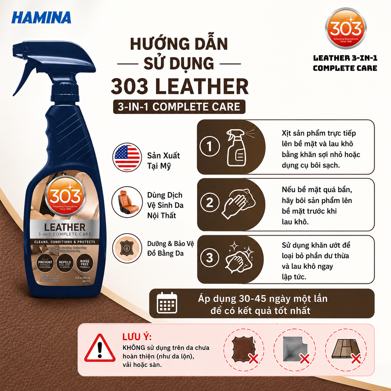  303® Leather 3-in-1 Complete Care - Dung Dịch Vệ Sinh, Dưỡng Và Bảo Vệ Chuyên Biệt Cho Da Cao Cấp - Phù Hợp Với Tất Cả Sản Phẩm Làm Từ Da 