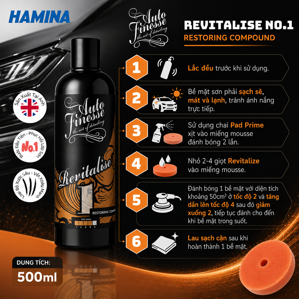  [Hàng Nhập Khẩu Anh] REVITALISE NO.1 500ML - Phục Hồi Lớp Sơn Trong 3 Bước - Hãng Auto Finesse 