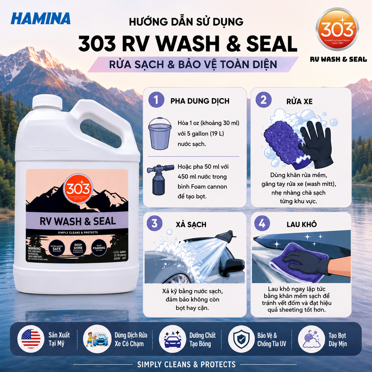  303 RV Wash & Seal - Dung Dịch Rửa Xe Có Chạm, Có Dưỡng Chất Tạo Bóng Và Bảo Vệ, Chống Tia UV Lên Đến 30 Ngày 
