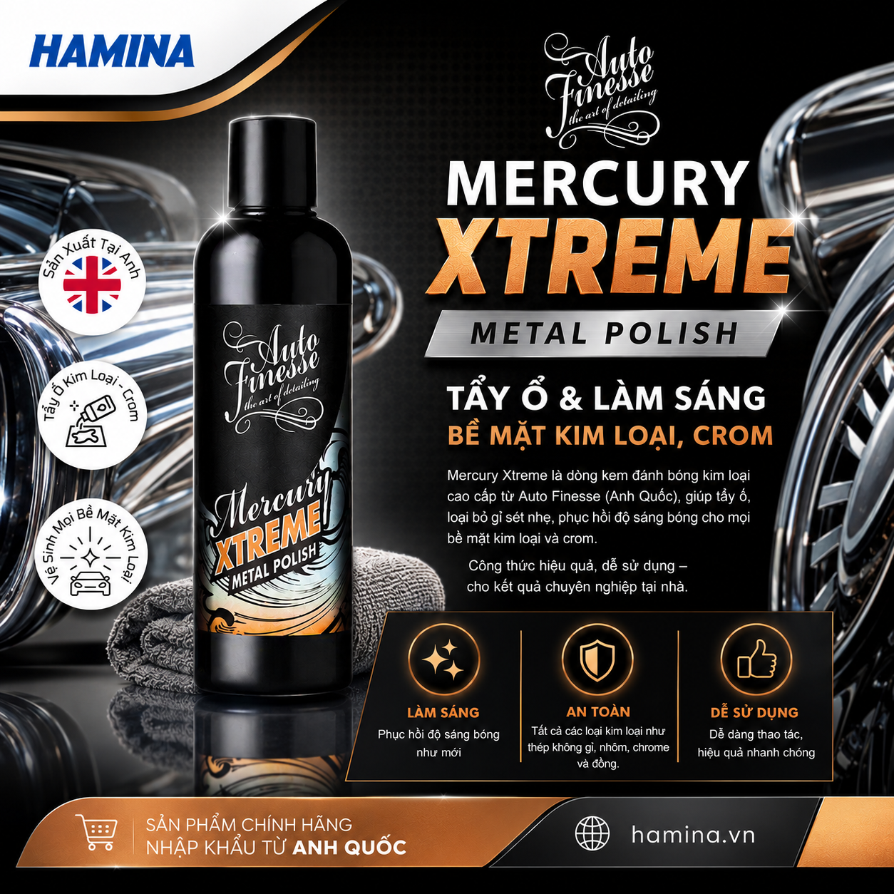  [Hàng Nhập Khẩu Anh] MERCURY XTREME - Tẩy Ố Làm Sáng Bề Mặt Kim Loại, Crom - Hãng Auto Finesse 