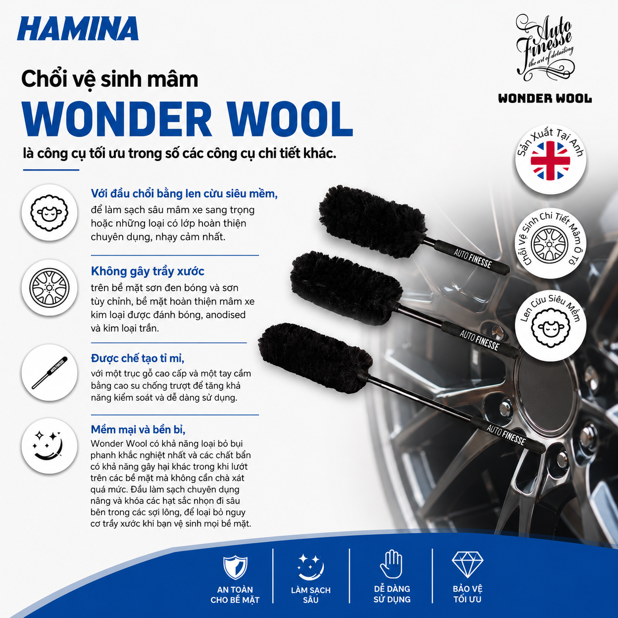 [Hàng Nhập Khẩu Anh] Wonder Wool - Chổi Vệ Sinh Chi Tiết Mâm Ô Tô _ Hãng Auto Finesse 