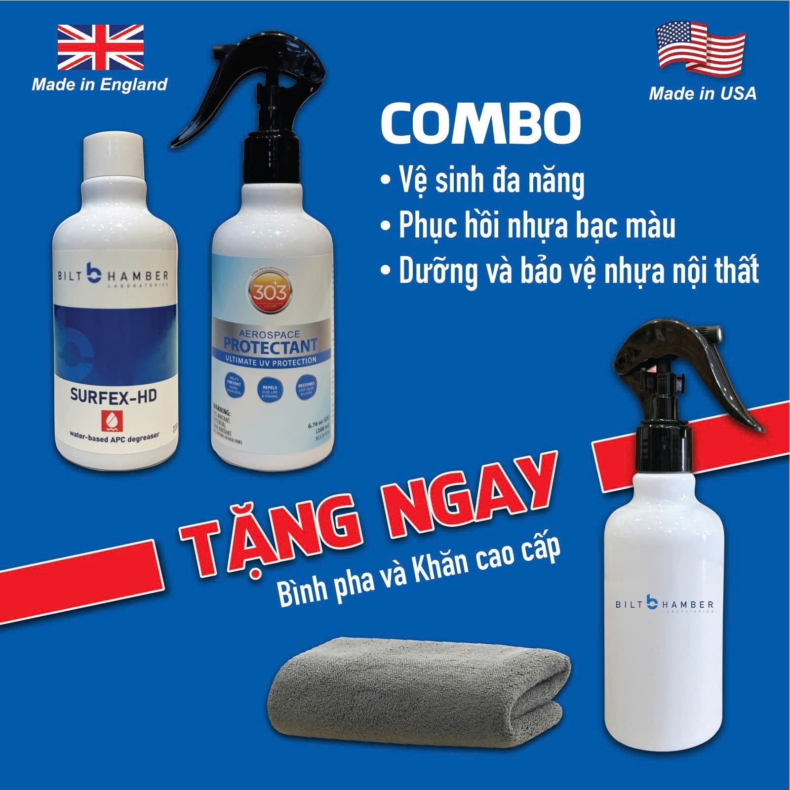  Combo Vệ Sinh Nội Thất Ô Tô Đa Năng Surfex HD 200ML - 303® Aerospace Protectant 200ML 