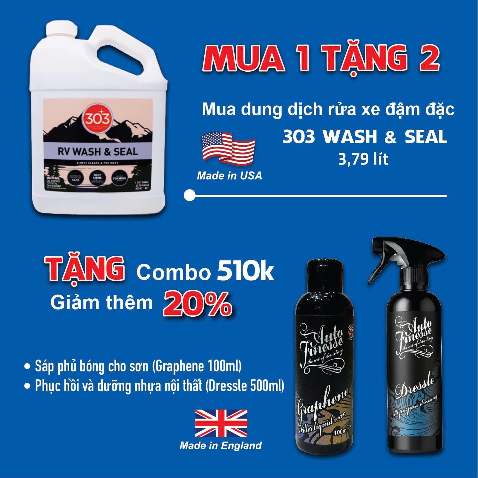  [Combo Mua 1 Tặng 2 - Khuyến Mãi 20%] 303 RV Wash & Seal - Dung Dịch Rửa Xe Có Chạm - Tặng 1 Auto Finesse Graphene + 1 Auto Finesse Dressle 