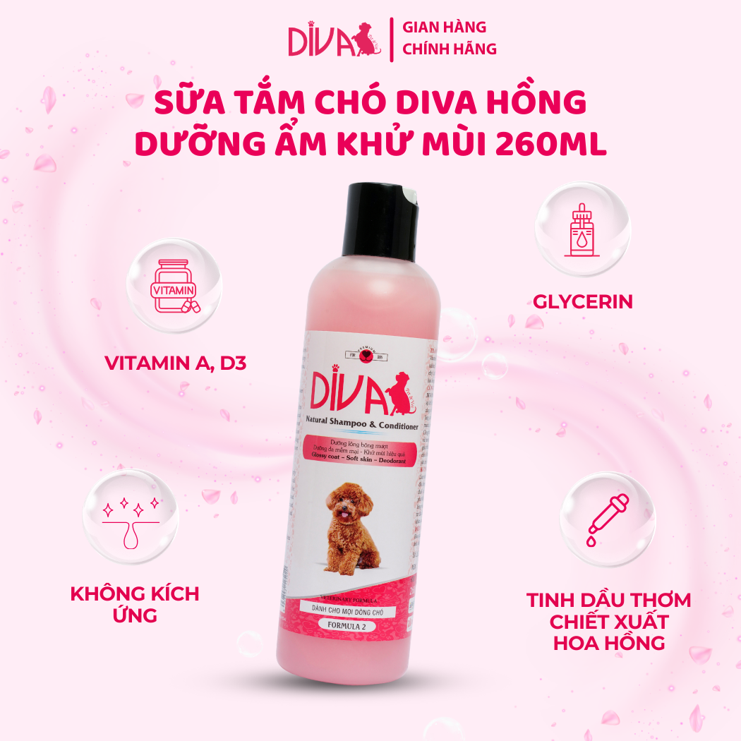  Sữa tắm chó dưỡng ẩm khử mùi DIVA Hồng 260ml 