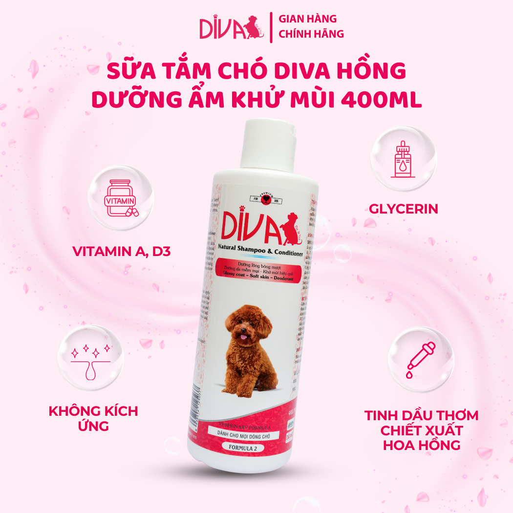  Sữa tắm chó dưỡng ẩm khử mùi DIVA Hồng 400ml 