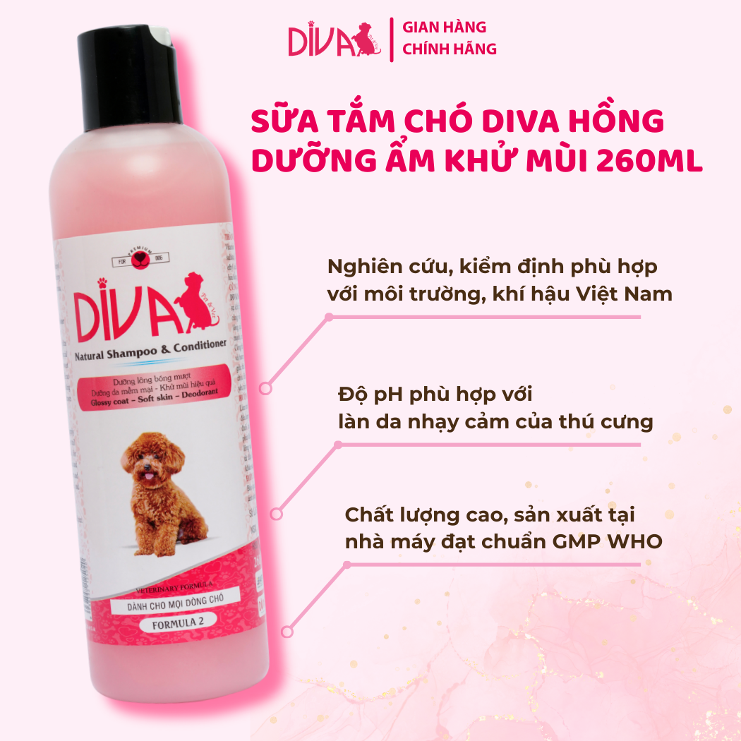  Sữa tắm chó dưỡng ẩm khử mùi DIVA Hồng 260ml 