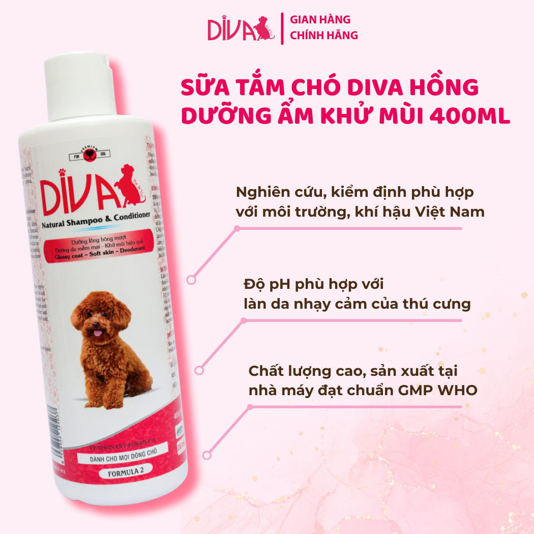 Sữa tắm chó dưỡng ẩm khử mùi DIVA Hồng 400ml 