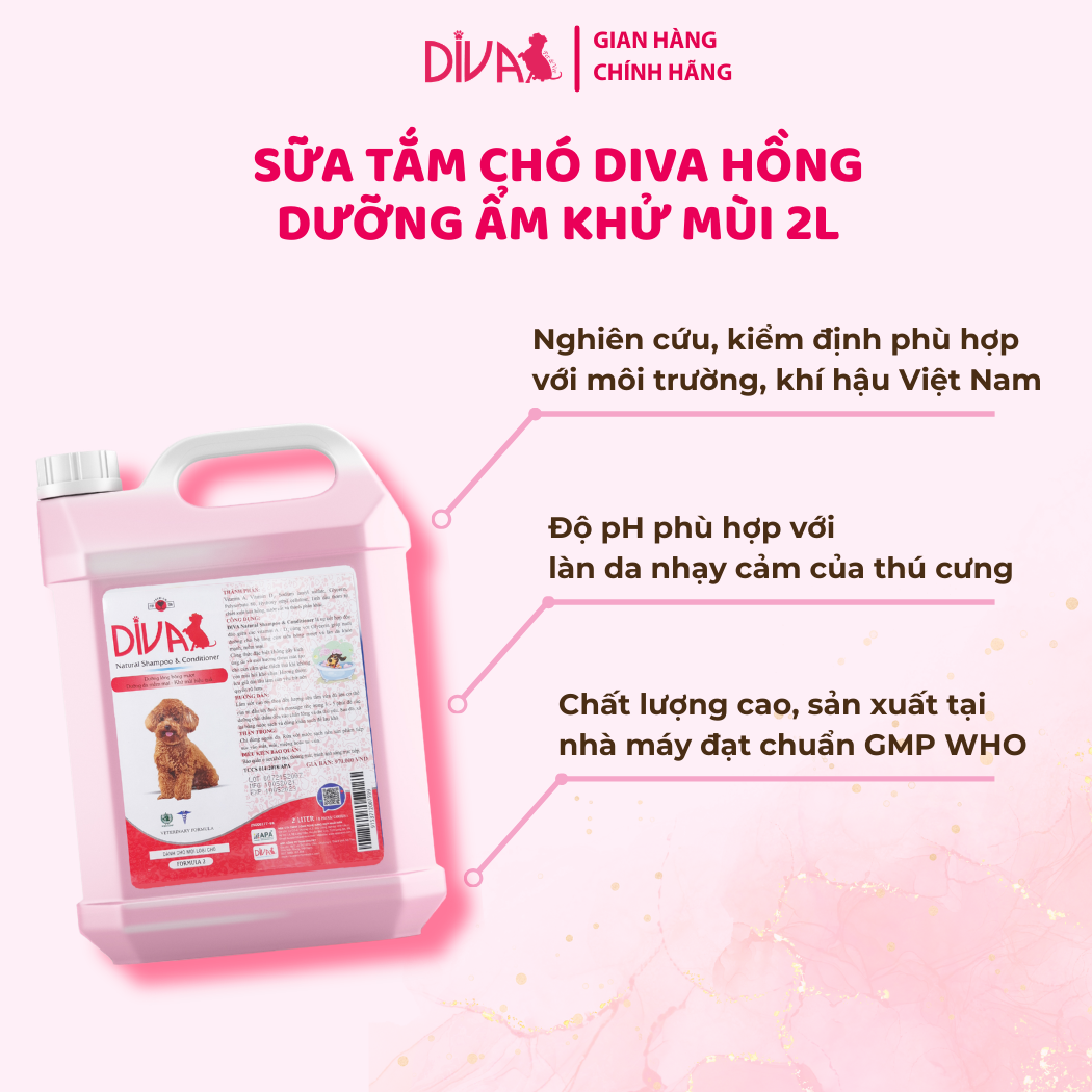  Sữa tắm chó dưỡng ẩm khử mùi DIVA Hồng 2L 
