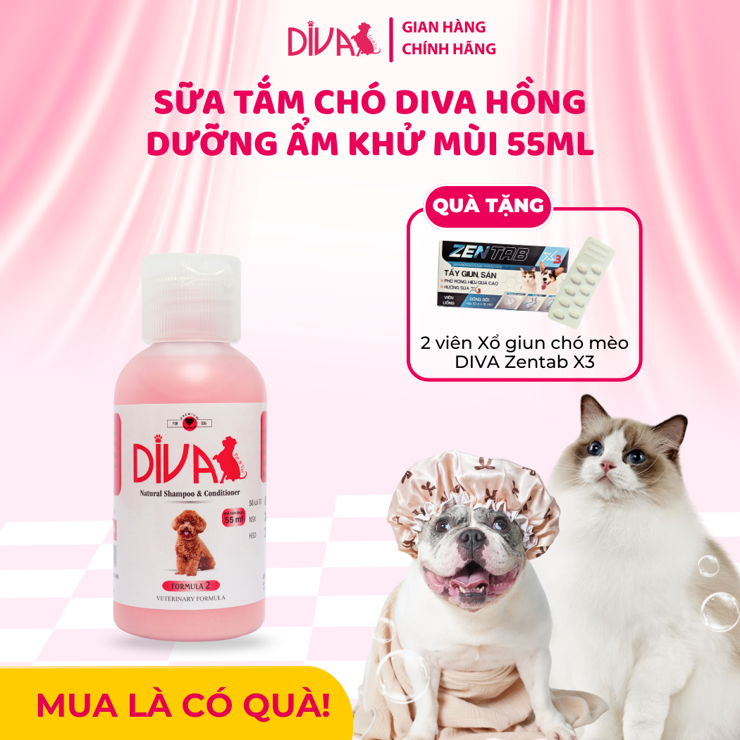  Sữa tắm chó dưỡng ẩm khử mùi DIVA Hồng 55ml 
