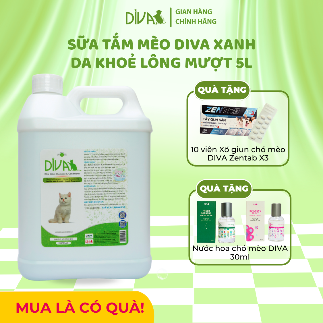  Sữa tắm mèo DIVA Kitten gel giúp da khoẻ, lông mượt 5L 