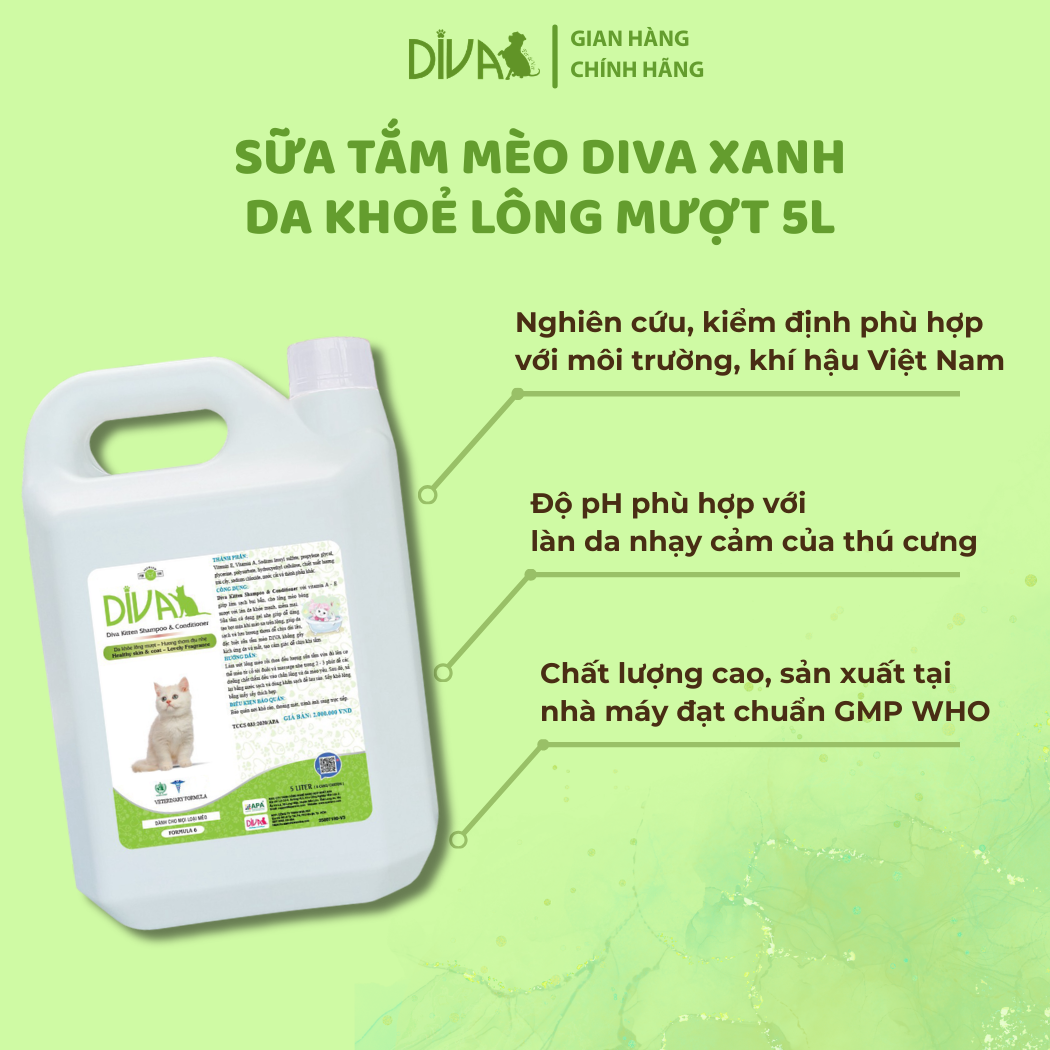  Sữa tắm mèo DIVA Kitten gel giúp da khoẻ, lông mượt 5L 