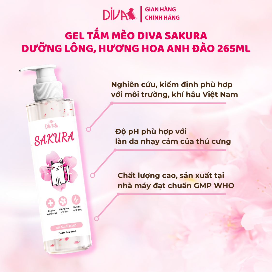  Gel tắm cho mèo Diva Sakura 265ml 
