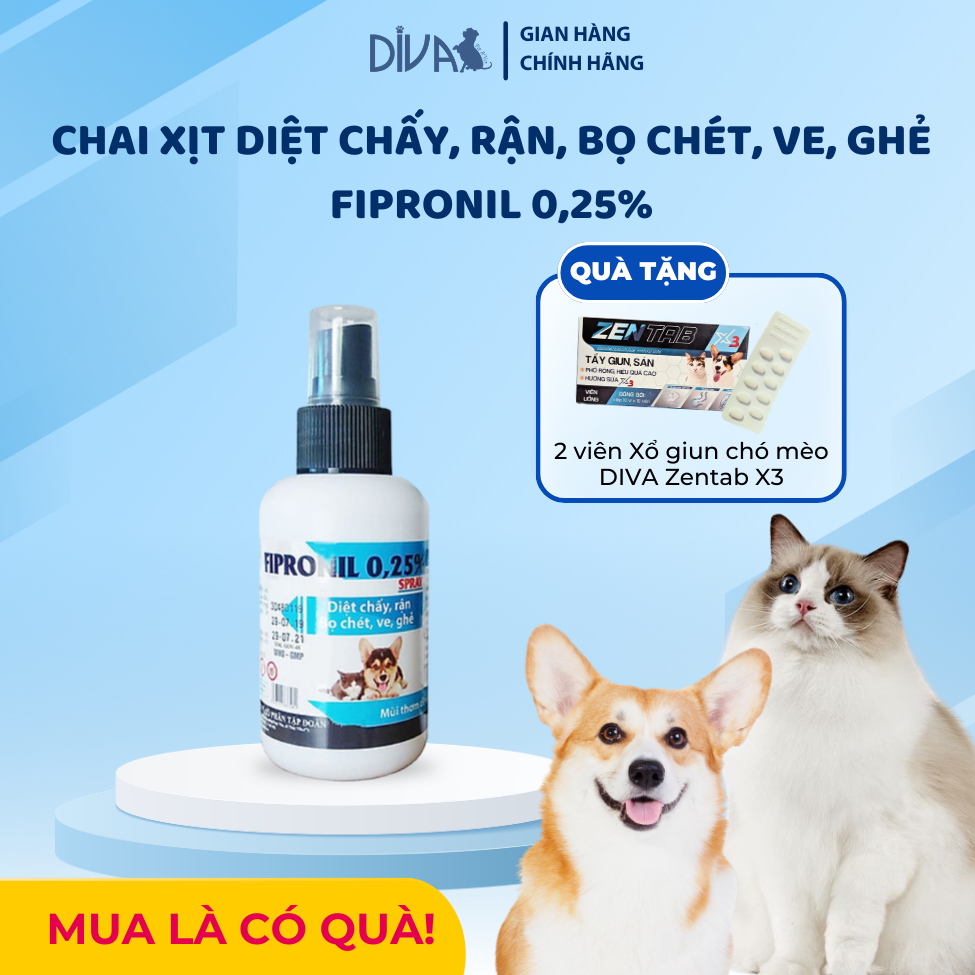  Xịt trị ve rận, bọ chét chó mèo Fipronil 0.25% chai 100 ml 