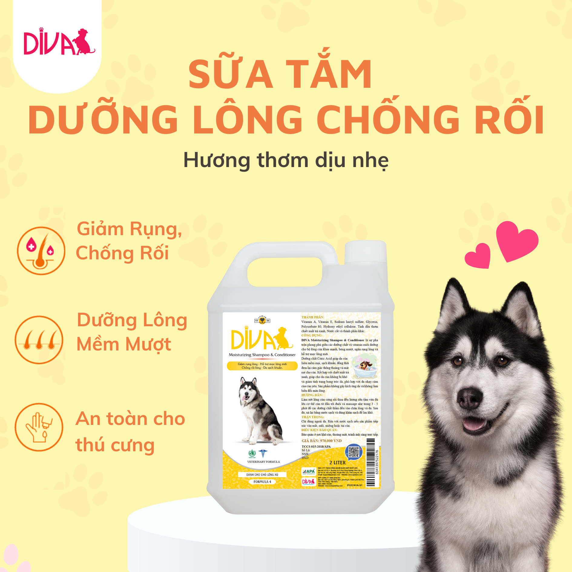  Sữa tắm chó dưỡng lông chống rối DIVA Vàng 5L 