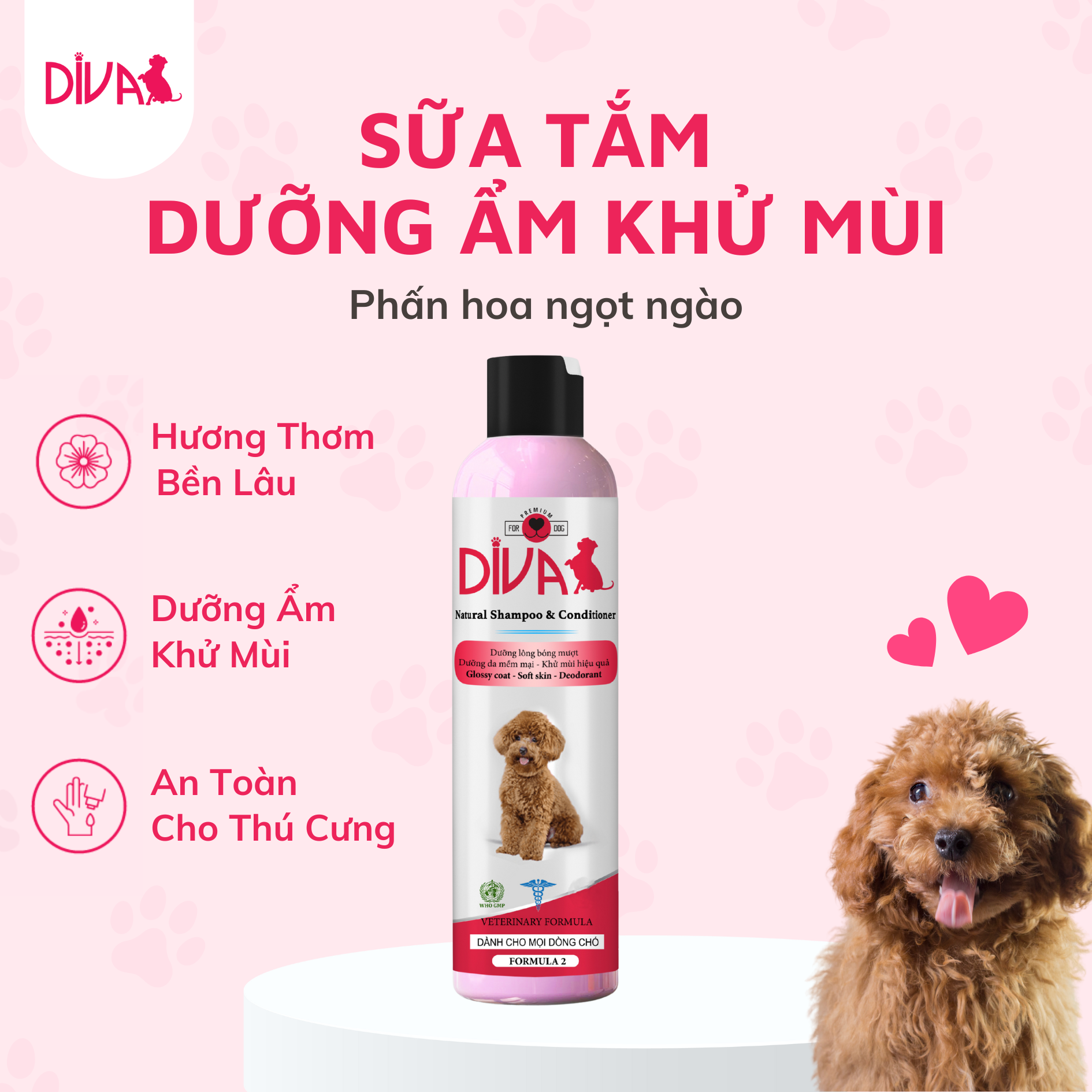  Sữa tắm chó dưỡng ẩm khử mùi DIVA Hồng 260ml 