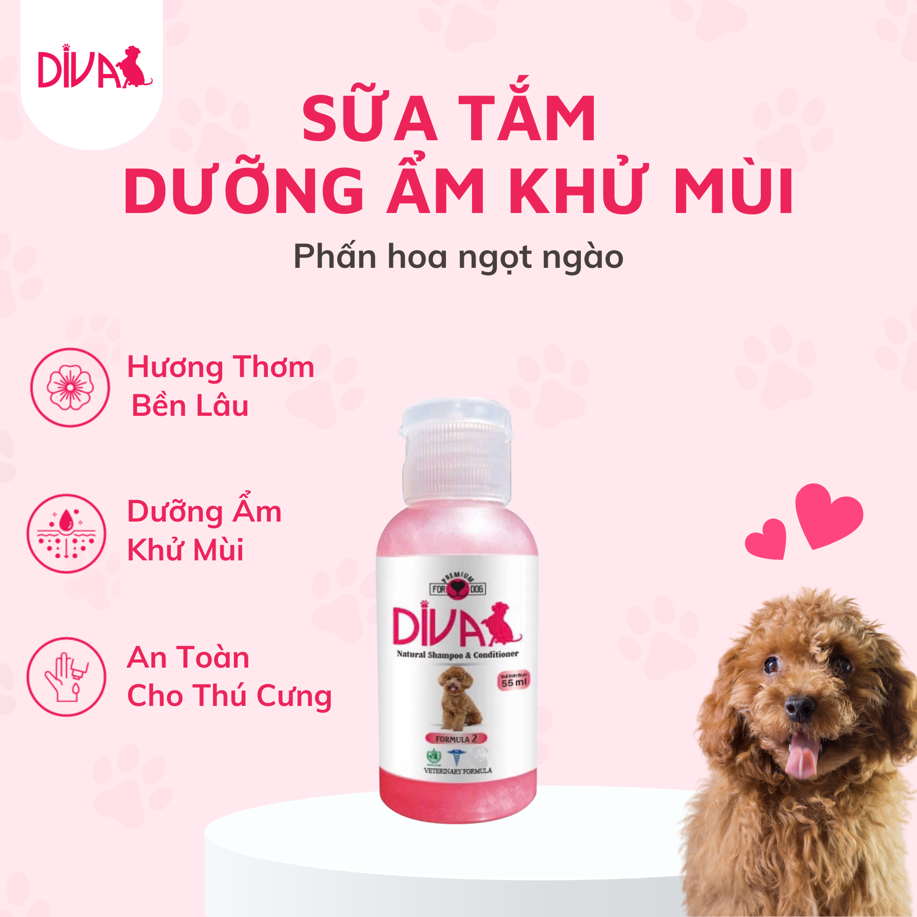  Sữa tắm chó dưỡng ẩm khử mùi DIVA Hồng 55ml 