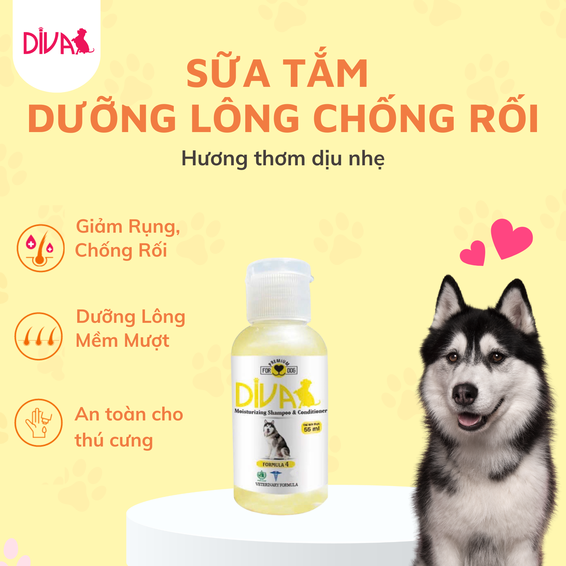  Sữa tắm chó dưỡng lông chống rối DIVA Vàng 55ml 