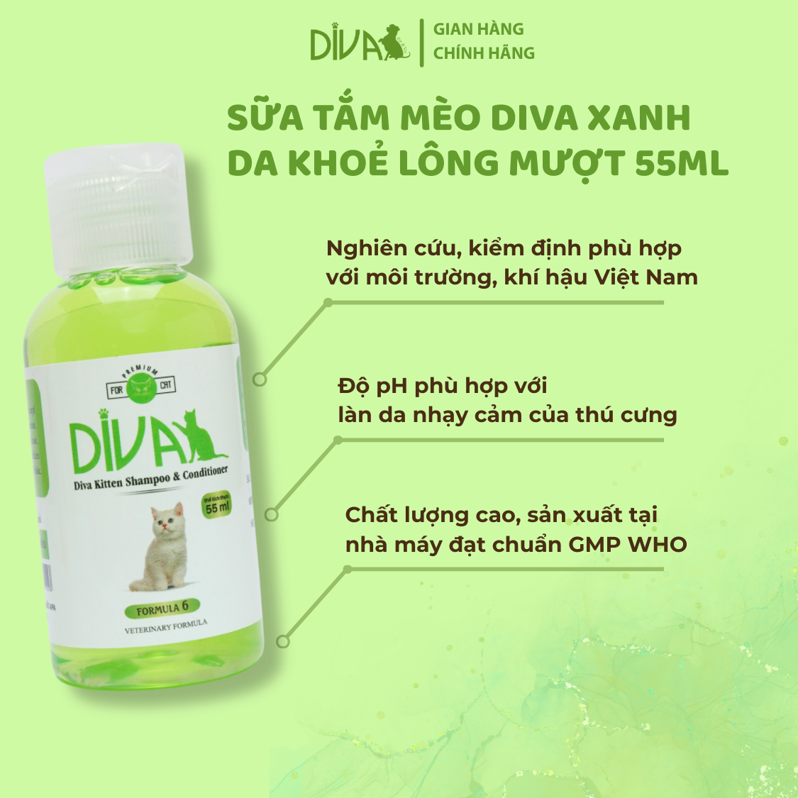 Sữa tắm mèo DIVA Kitten gel giúp da khoẻ, lông mượt 55ml 