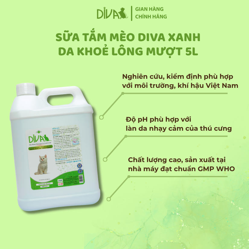  Sữa tắm mèo DIVA Kitten gel giúp da khoẻ, lông mượt 5L 