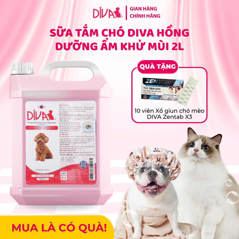  Sữa tắm chó dưỡng ẩm khử mùi DIVA Hồng 2L 