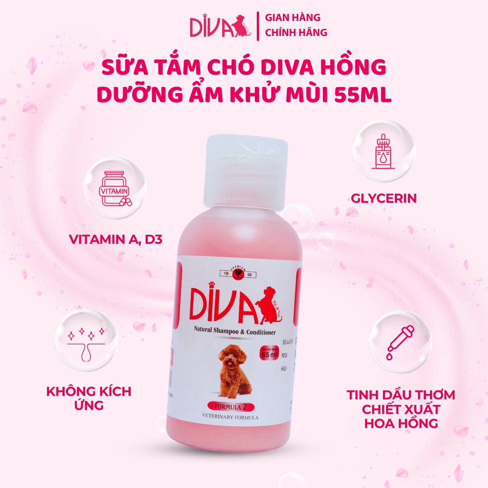  Sữa tắm chó dưỡng ẩm khử mùi DIVA Hồng 55ml 
