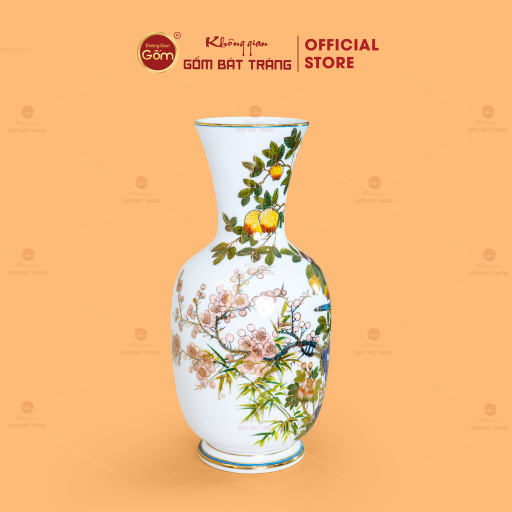 Lọ Hoa Men Màu Chim Én Lựu Vẽ Vàng