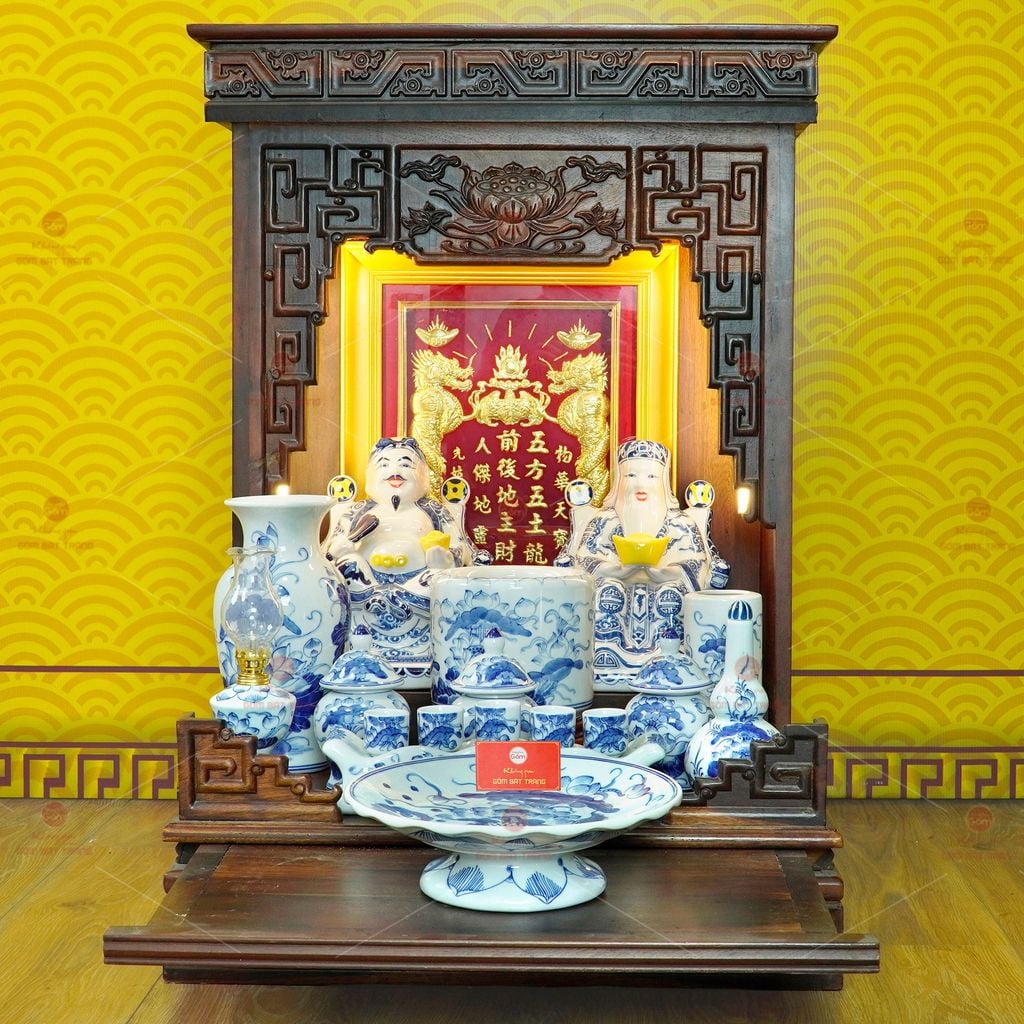 [Set Cao Cấp] Bộ Đồ Thờ Thần Tài Thổ Địa Men Lam (12 món)