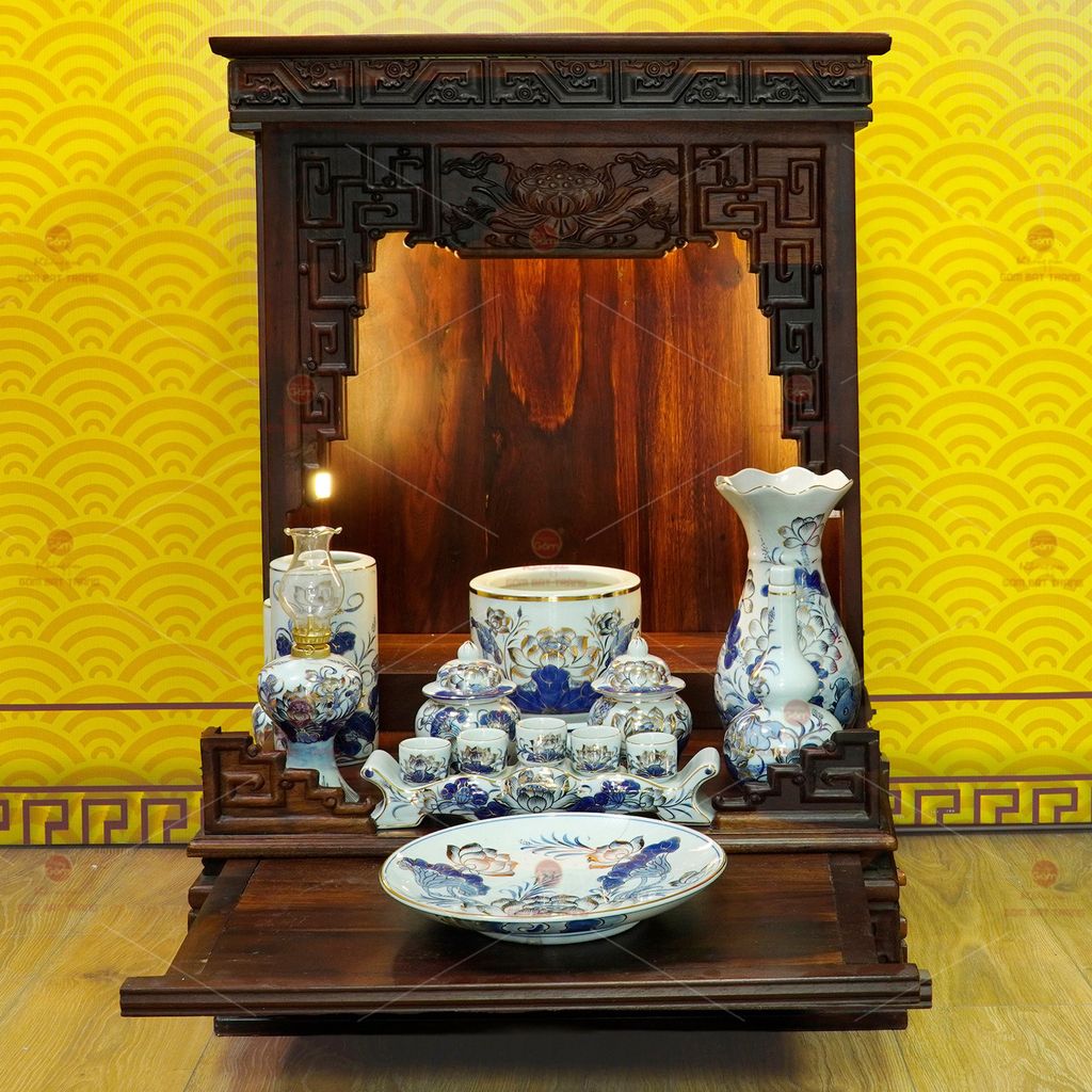 [Set Cơ Bản] Bộ Đồ Thờ Thần Tài Thổ Địa Men Lam Vẽ Vàng (9 món)