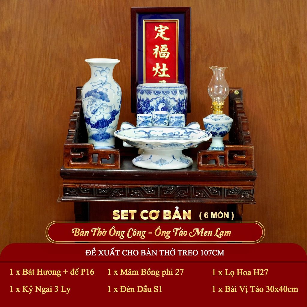 [Set Cơ Bản] Bộ Đồ Thờ Ông Táo Men Lam (6 món)